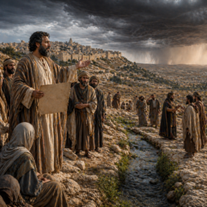 Isaiah with faithful witnesses near Jerusalem beside gentle waters and a distant flood-like threat, inspired by Isaiah 8.