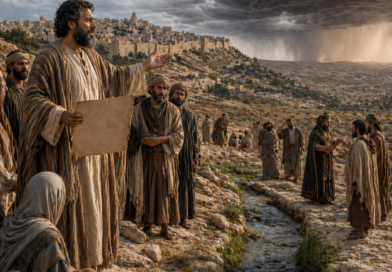 Isaiah with faithful witnesses near Jerusalem beside gentle waters and a distant flood-like threat, inspired by Isaiah 8.