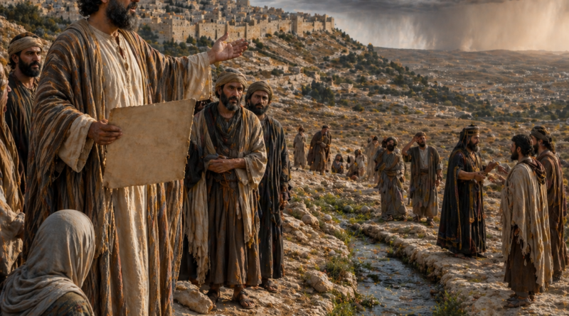Isaiah with faithful witnesses near Jerusalem beside gentle waters and a distant flood-like threat, inspired by Isaiah 8.
