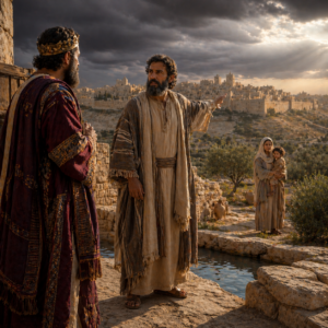 Isaiah confronting king Ahaz near ancient Jerusalem with a mother and child in the distance, inspired by Isaiah 7.