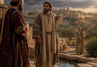 Isaiah confronting king Ahaz near ancient Jerusalem with a mother and child in the distance, inspired by Isaiah 7.