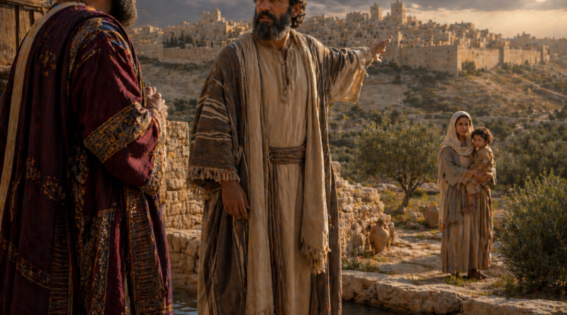 Isaiah confronting king Ahaz near ancient Jerusalem with a mother and child in the distance, inspired by Isaiah 7.