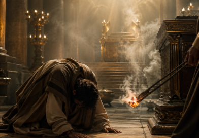 Isaiah bowed in an ancient temple near an altar and glowing coal, symbolizing cleansing and calling in Isaiah 6.