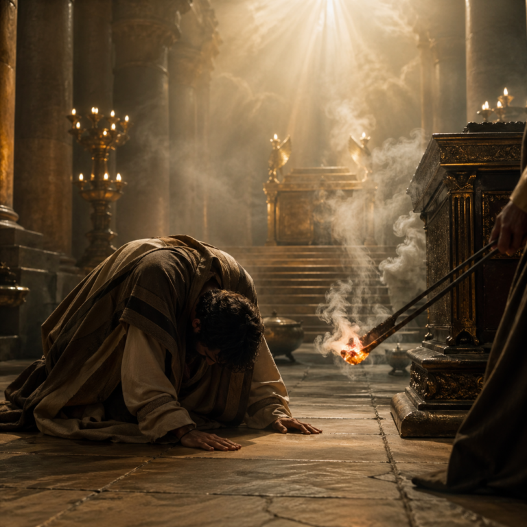 Isaiah bowed in an ancient temple near an altar and glowing coal, symbolizing cleansing and calling in Isaiah 6.