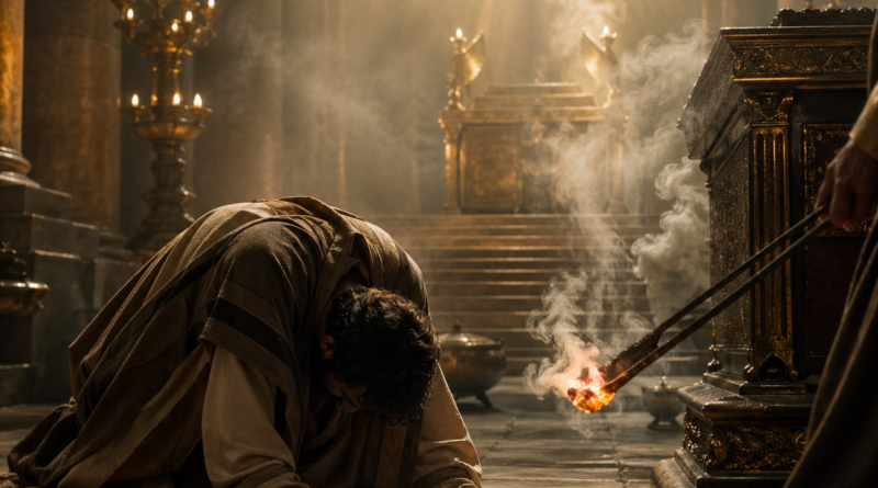 Isaiah bowed in an ancient temple near an altar and glowing coal, symbolizing cleansing and calling in Isaiah 6.
