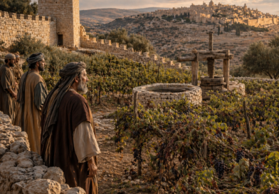 Ancient vineyard with tangled vines, a watchtower, and people standing solemnly near Jerusalem, inspired by Isaiah 5.