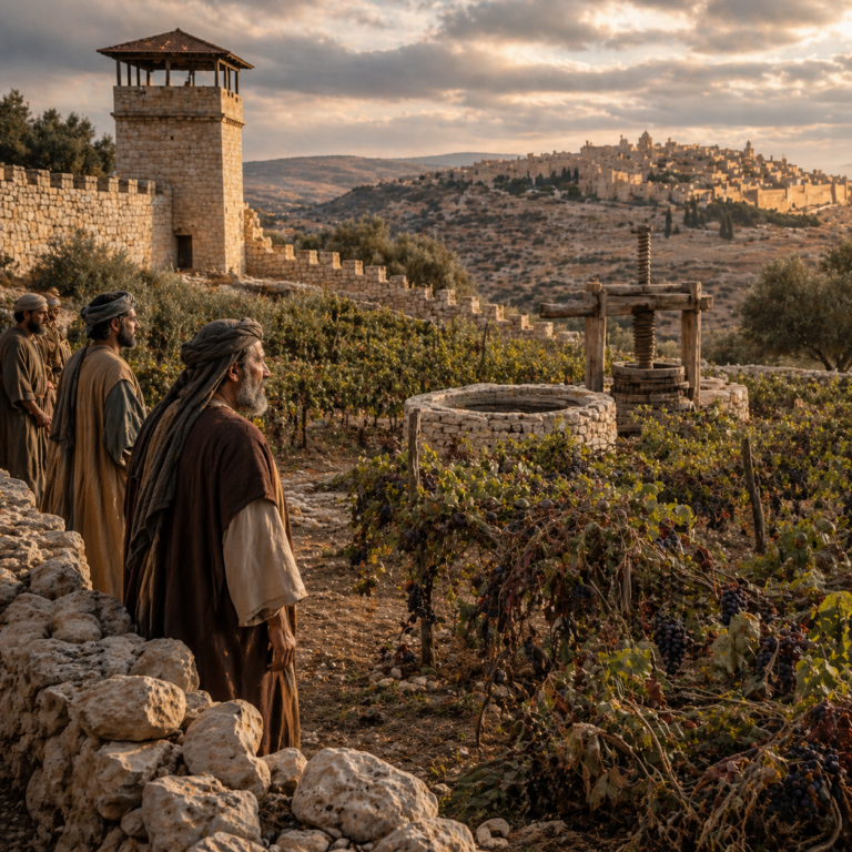 Ancient vineyard with tangled vines, a watchtower, and people standing solemnly near Jerusalem, inspired by Isaiah 5.