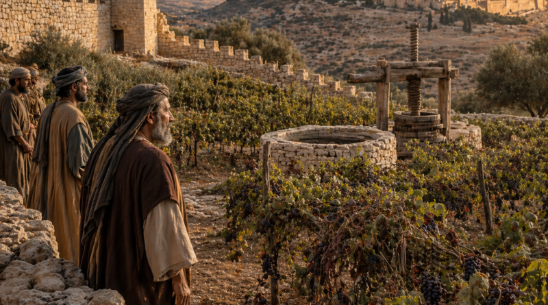 Ancient vineyard with tangled vines, a watchtower, and people standing solemnly near Jerusalem, inspired by Isaiah 5.