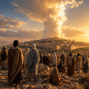 Biblical-era remnant near restored Jerusalem under a protective cloud and warm glow, inspired by Isaiah 4.