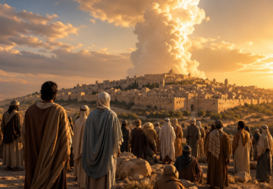 Biblical-era remnant near restored Jerusalem under a protective cloud and warm glow, inspired by Isaiah 4.