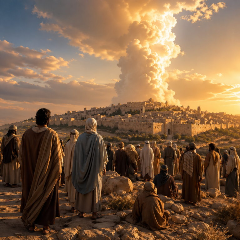 Biblical-era remnant near restored Jerusalem under a protective cloud and warm glow, inspired by Isaiah 4.