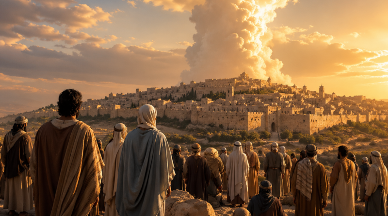 Biblical-era remnant near restored Jerusalem under a protective cloud and warm glow, inspired by Isaiah 4.