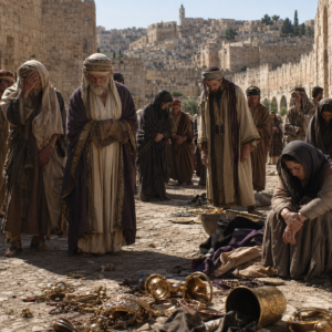 Ancient Jerusalem street with ashamed leaders, oppressed people, and abandoned symbols of pride, inspired by Isaiah 3.