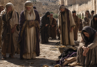 Ancient Jerusalem street with ashamed leaders, oppressed people, and abandoned symbols of pride, inspired by Isaiah 3.