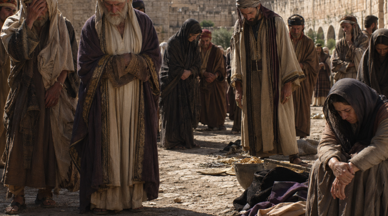 Ancient Jerusalem street with ashamed leaders, oppressed people, and abandoned symbols of pride, inspired by Isaiah 3.