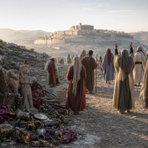 Biblical-era people facing the mountain of the Lord while idols and symbols of pride lie abandoned in the dust, inspired by Isaiah 2.