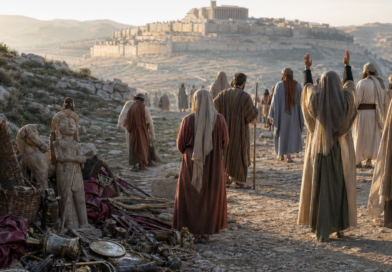 Biblical-era people facing the mountain of the Lord while idols and symbols of pride lie abandoned in the dust, inspired by Isaiah 2.