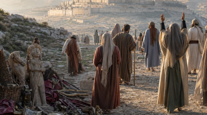 Biblical-era people facing the mountain of the Lord while idols and symbols of pride lie abandoned in the dust, inspired by Isaiah 2.