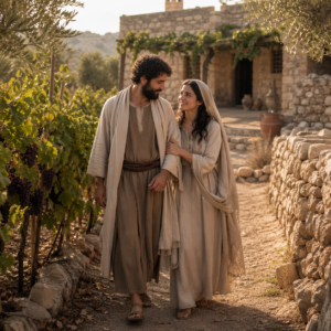 Bride and bridegroom in a biblical vineyard setting, expressing covenant love in Song of Solomon 8