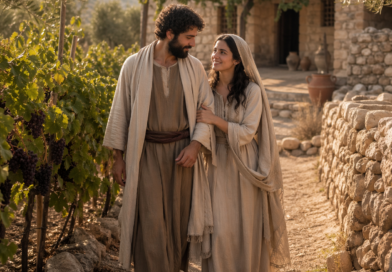 Bride and bridegroom in a biblical vineyard setting, expressing covenant love in Song of Solomon 8