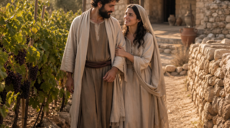 Bride and bridegroom in a biblical vineyard setting, expressing covenant love in Song of Solomon 8