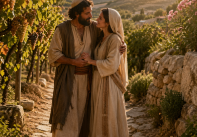 Bride and bridegroom walking together in a biblical vineyard, inspired by Song of Solomon 7