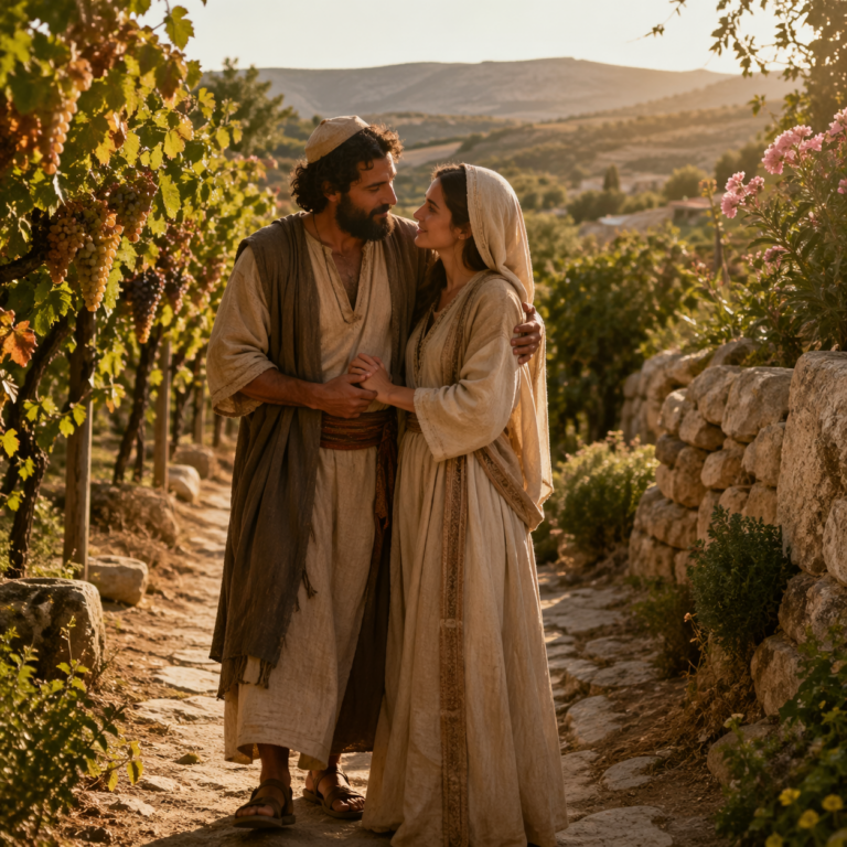 Bride and bridegroom walking together in a biblical vineyard, inspired by Song of Solomon 7
