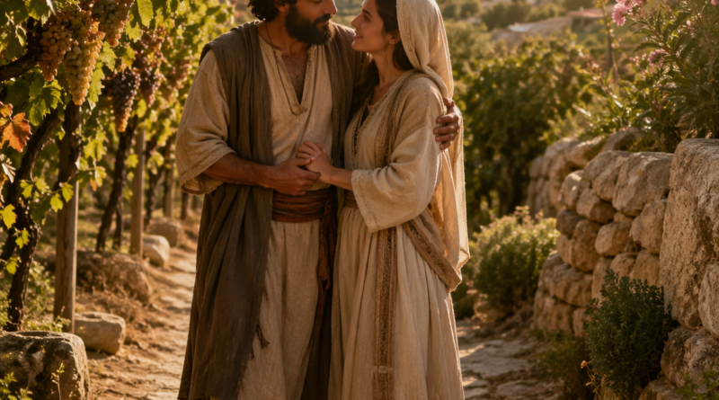 Bride and bridegroom walking together in a biblical vineyard, inspired by Song of Solomon 7