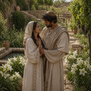 Bride and bridegroom reunited in a peaceful biblical garden, inspired by Song of Solomon 6