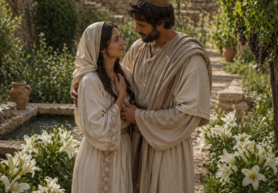 Bride and bridegroom reunited in a peaceful biblical garden, inspired by Song of Solomon 6