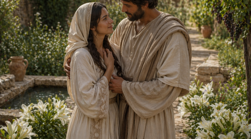 Bride and bridegroom reunited in a peaceful biblical garden, inspired by Song of Solomon 6