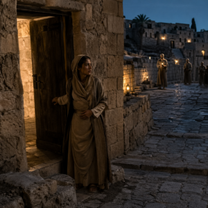 Bride searching for her beloved in an ancient biblical city, inspired by Song of Solomon 5