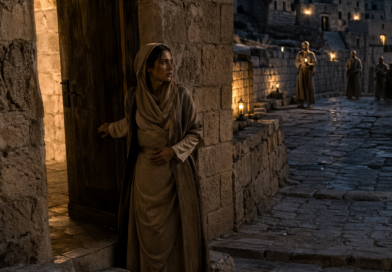 Bride searching for her beloved in an ancient biblical city, inspired by Song of Solomon 5