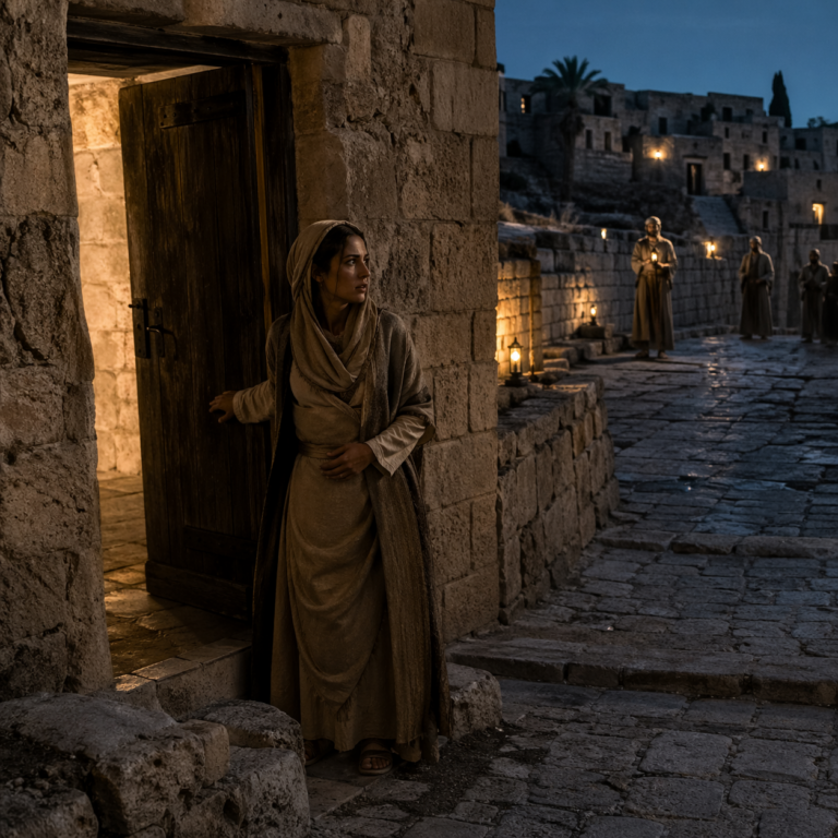 Bride searching for her beloved in an ancient biblical city, inspired by Song of Solomon 5