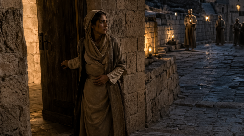 Bride searching for her beloved in an ancient biblical city, inspired by Song of Solomon 5