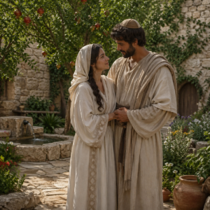 Bride and bridegroom in an enclosed biblical garden, inspired by Song of Solomon 4