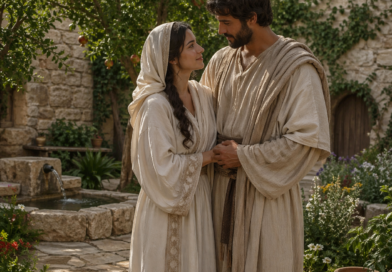 Bride and bridegroom in an enclosed biblical garden, inspired by Song of Solomon 4
