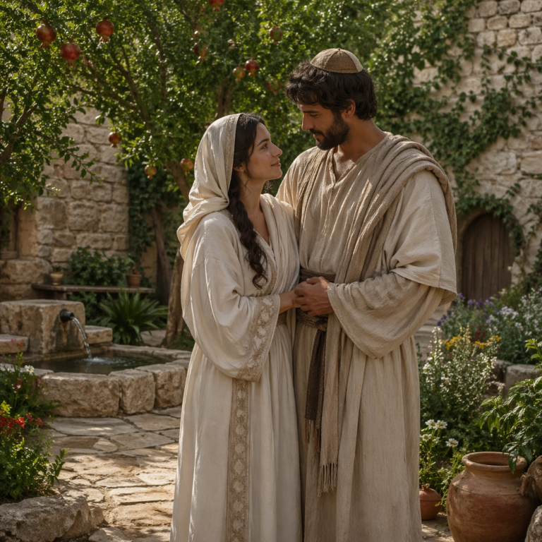 Bride and bridegroom in an enclosed biblical garden, inspired by Song of Solomon 4