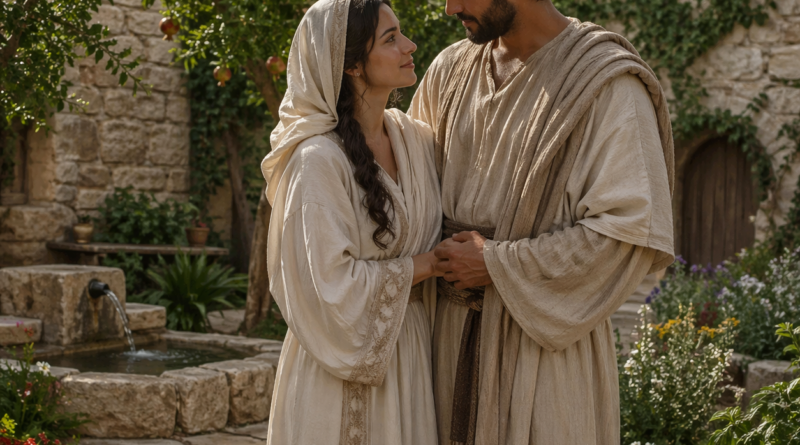 Bride and bridegroom in an enclosed biblical garden, inspired by Song of Solomon 4