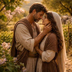 Biblical-era couple in a spring garden reflecting the joyful and guarded love of Song of Solomon 2