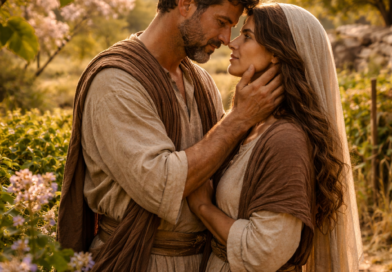 Biblical-era couple in a spring garden reflecting the joyful and guarded love of Song of Solomon 2