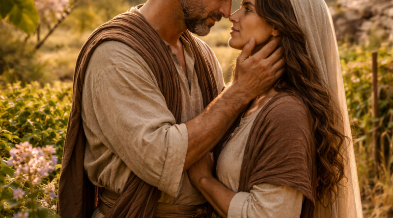 Biblical-era couple in a spring garden reflecting the joyful and guarded love of Song of Solomon 2