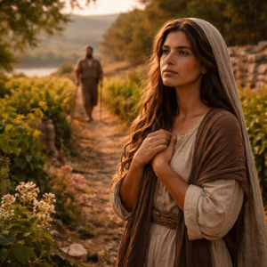Biblical-era woman in a vineyard reflecting the longing and covenant love of Song of Solomon 1