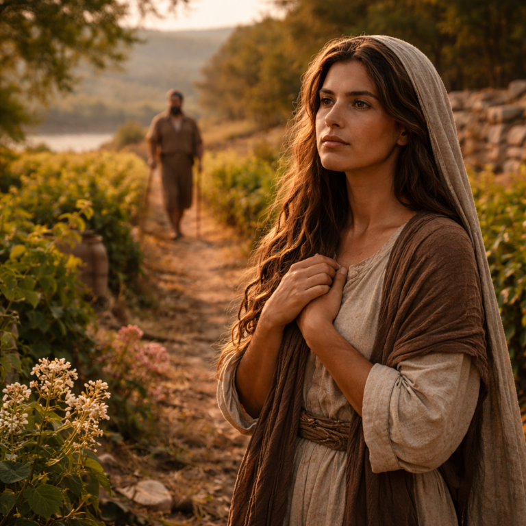 Biblical-era woman in a vineyard reflecting the longing and covenant love of Song of Solomon 1