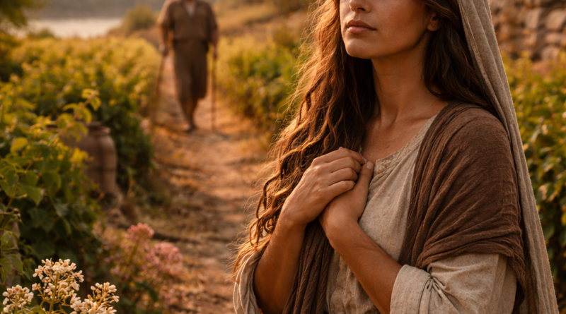Biblical-era woman in a vineyard reflecting the longing and covenant love of Song of Solomon 1