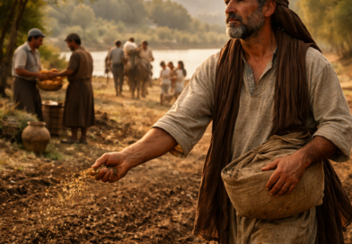 Biblical-era man sowing seed near water, reflecting the message of Ecclesiastes 11 about action, generosity, and accountability