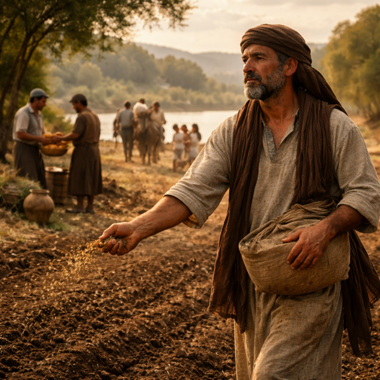 Biblical-era man sowing seed near water, reflecting the message of Ecclesiastes 11 about action, generosity, and accountability