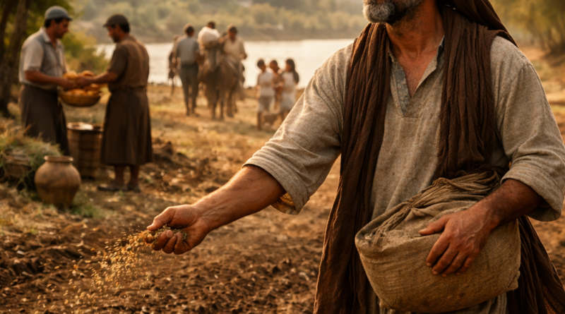 Biblical-era man sowing seed near water, reflecting the message of Ecclesiastes 11 about action, generosity, and accountability
