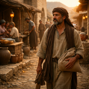 Biblical-era man walking thoughtfully among daily life, reflecting the message of Ecclesiastes 9