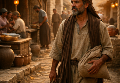 Biblical-era man walking thoughtfully among daily life, reflecting the message of Ecclesiastes 9